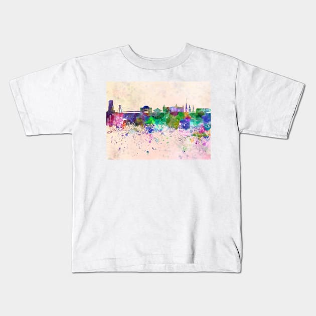 Bratislava skyline in watercolor background Kids T-Shirt by PaulrommerArt